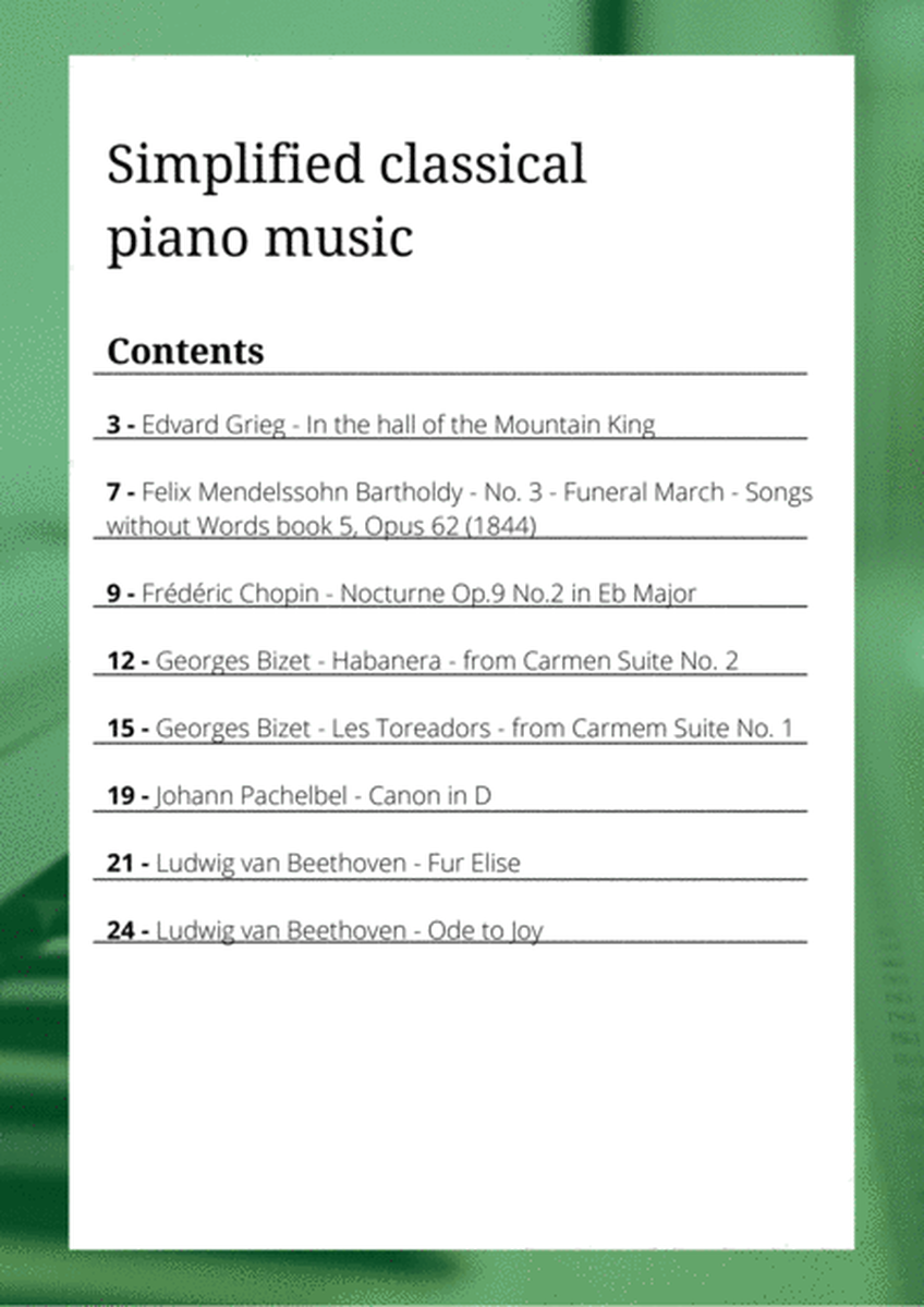 Simplified classical piano music - 8 classical songs for piano