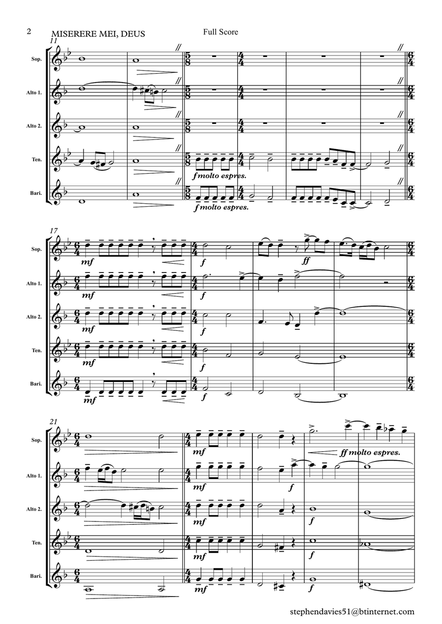 Miserere Mei, Deus by Gregorio Allegri (1582-1652) for Saxophone Quintet. Saxophone Quintet scores gallery preview page 2
