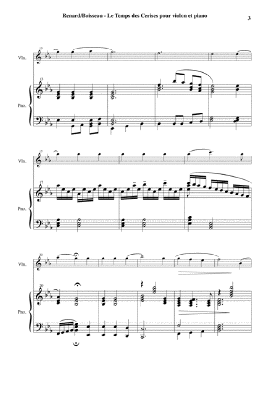 Antoine Renard: Le Temps des Cerises, arranged for violin and piano Violin Solo scores gallery preview page 3