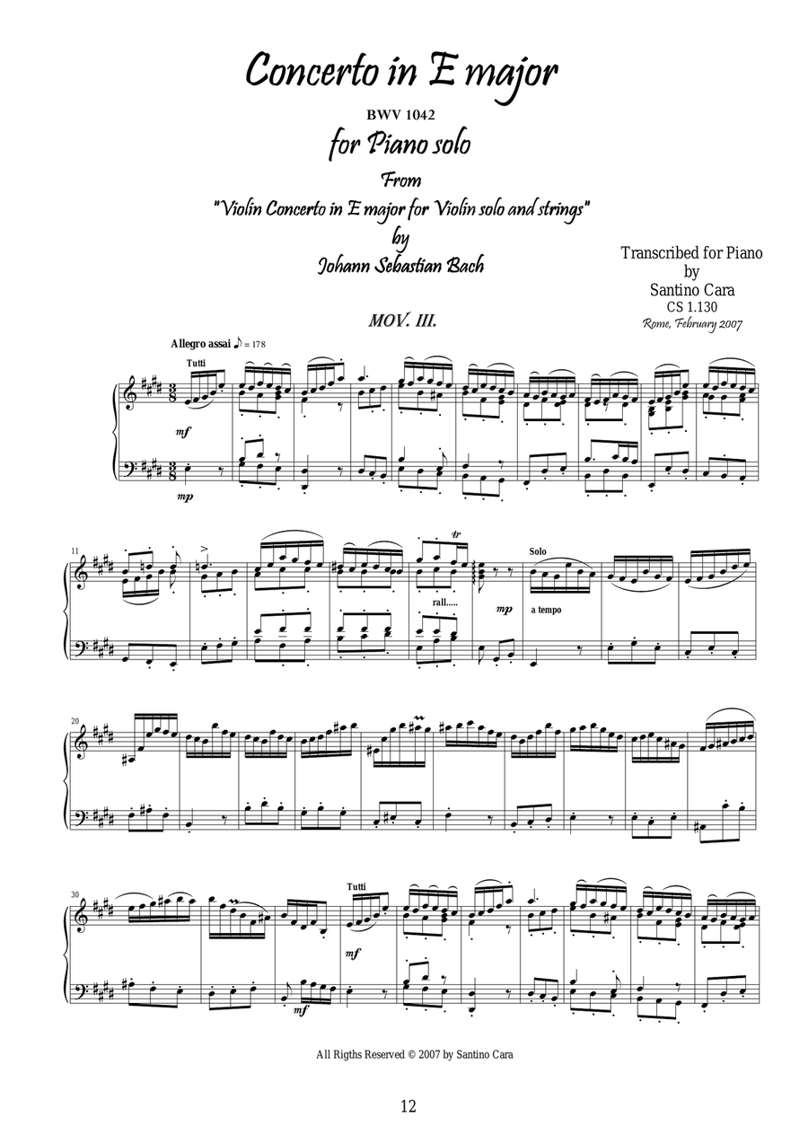 J.S-Bach - Violin Concerto in E major BWV 1042 - Piano solo - 3° mov. Allegro assai Piano Solo scores gallery preview page 1