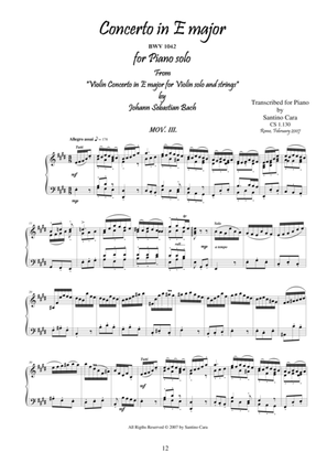 Book cover for J.S-Bach - Violin Concerto in E major BWV 1042 - Piano solo - 3° mov. Allegro assai