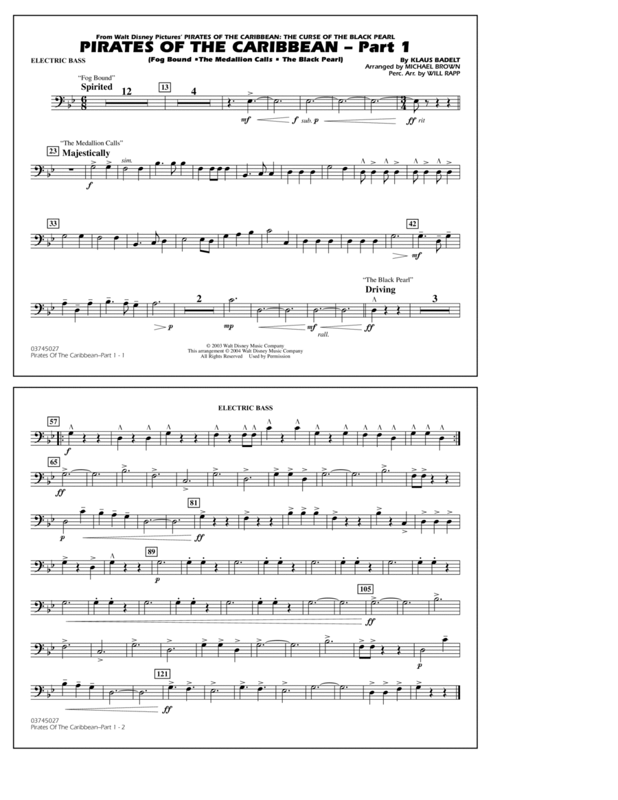 Pirates Of The Caribbean (Part 1) (arr. Brown) - Electric Bass Marching Band scores gallery preview page 1