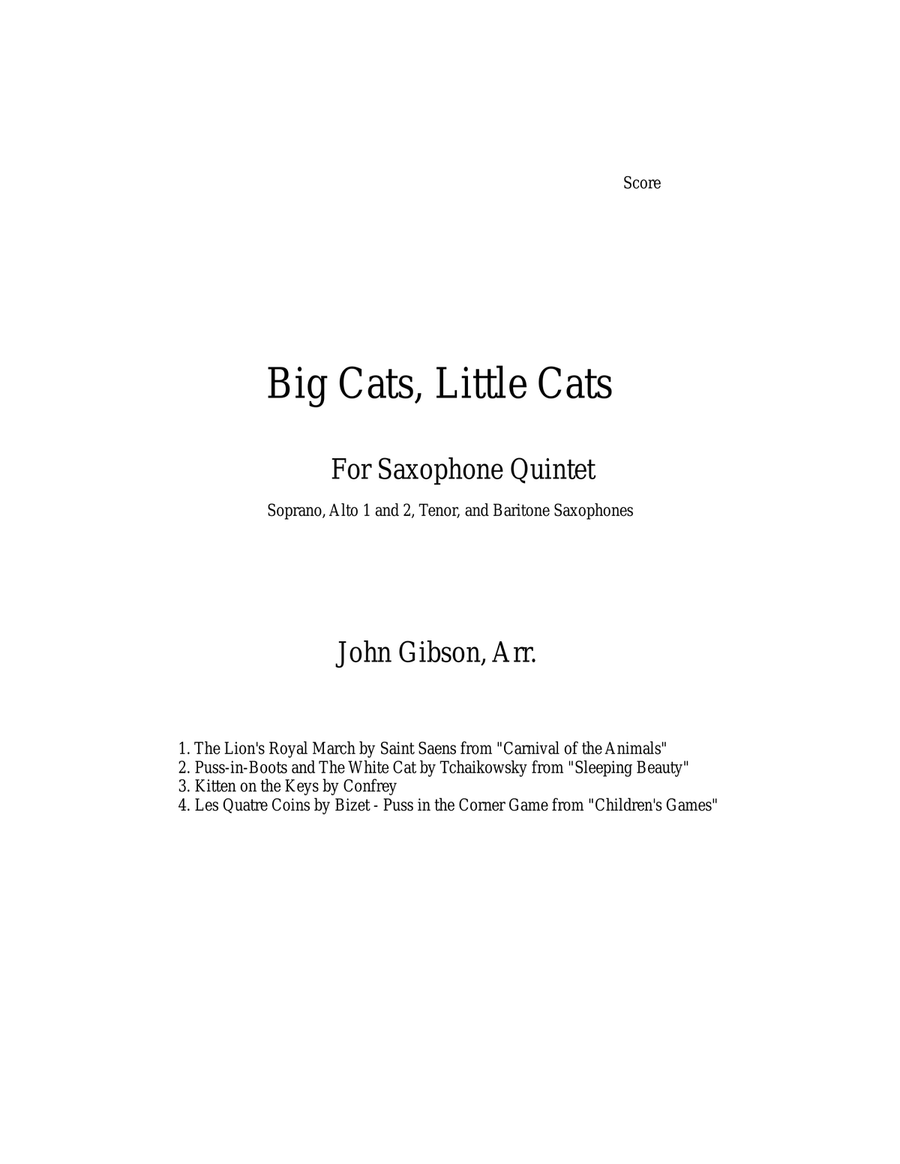 Big Cats, Little Cats - Cat Music for Saxophone Quintet Saxophone Quintet scores gallery preview page 1
