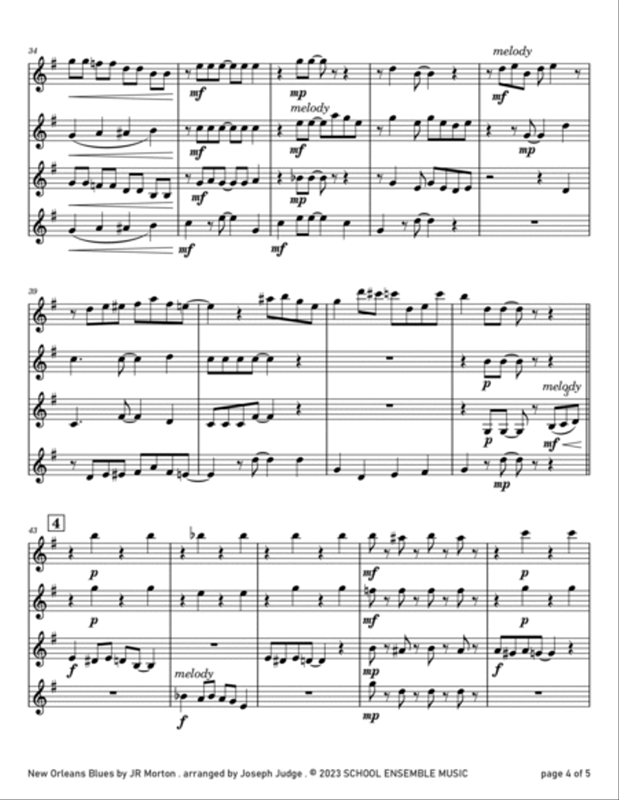 New Orleans Blues by Morton for Clarinet Quartet in Schools Clarinet Quartet scores gallery preview page 4
