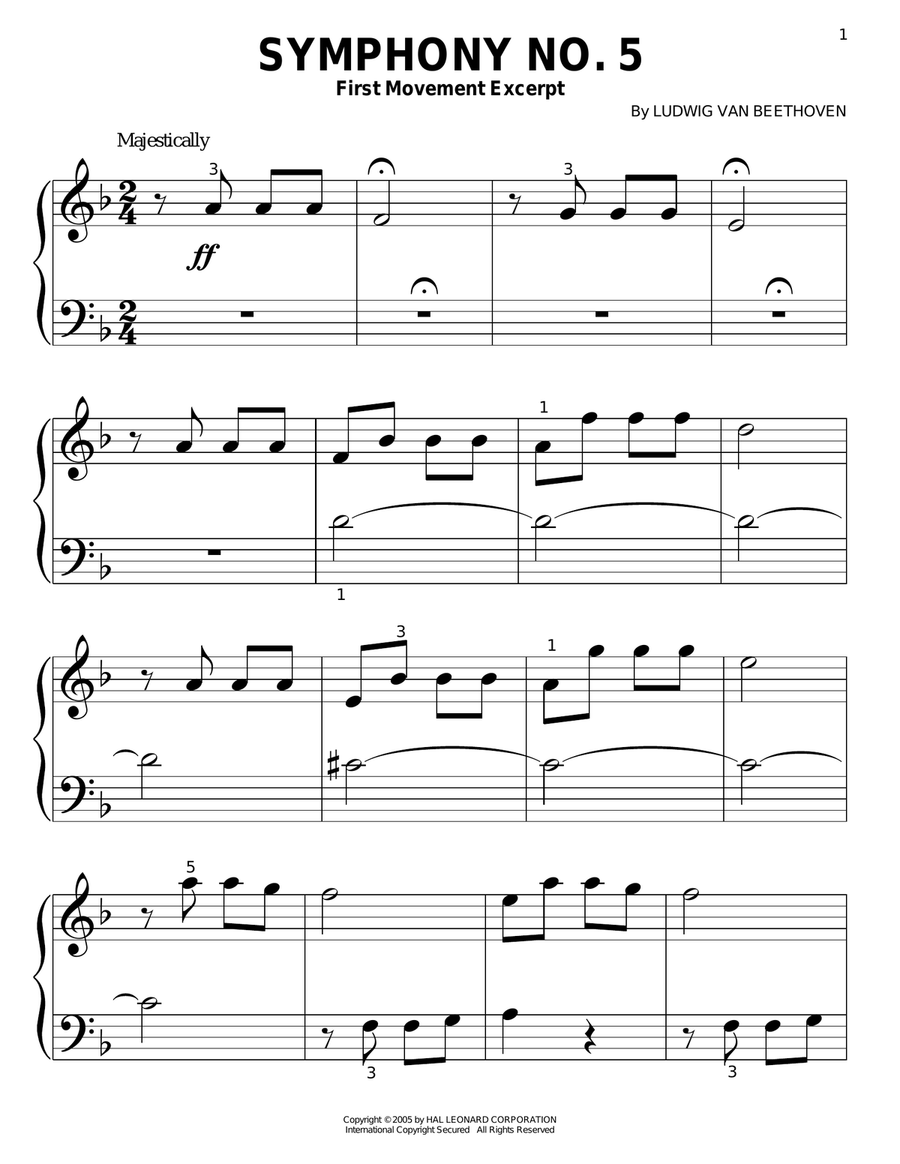 Symphony No. 5 in C Minor, First Movement Excerpt Easy Piano scores gallery preview page 1