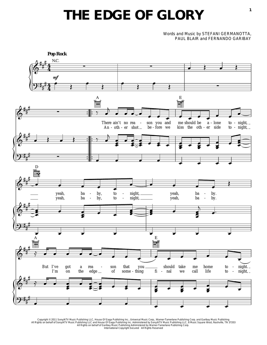 The Edge Of Glory Piano, Vocal, Guitar scores gallery preview page 1