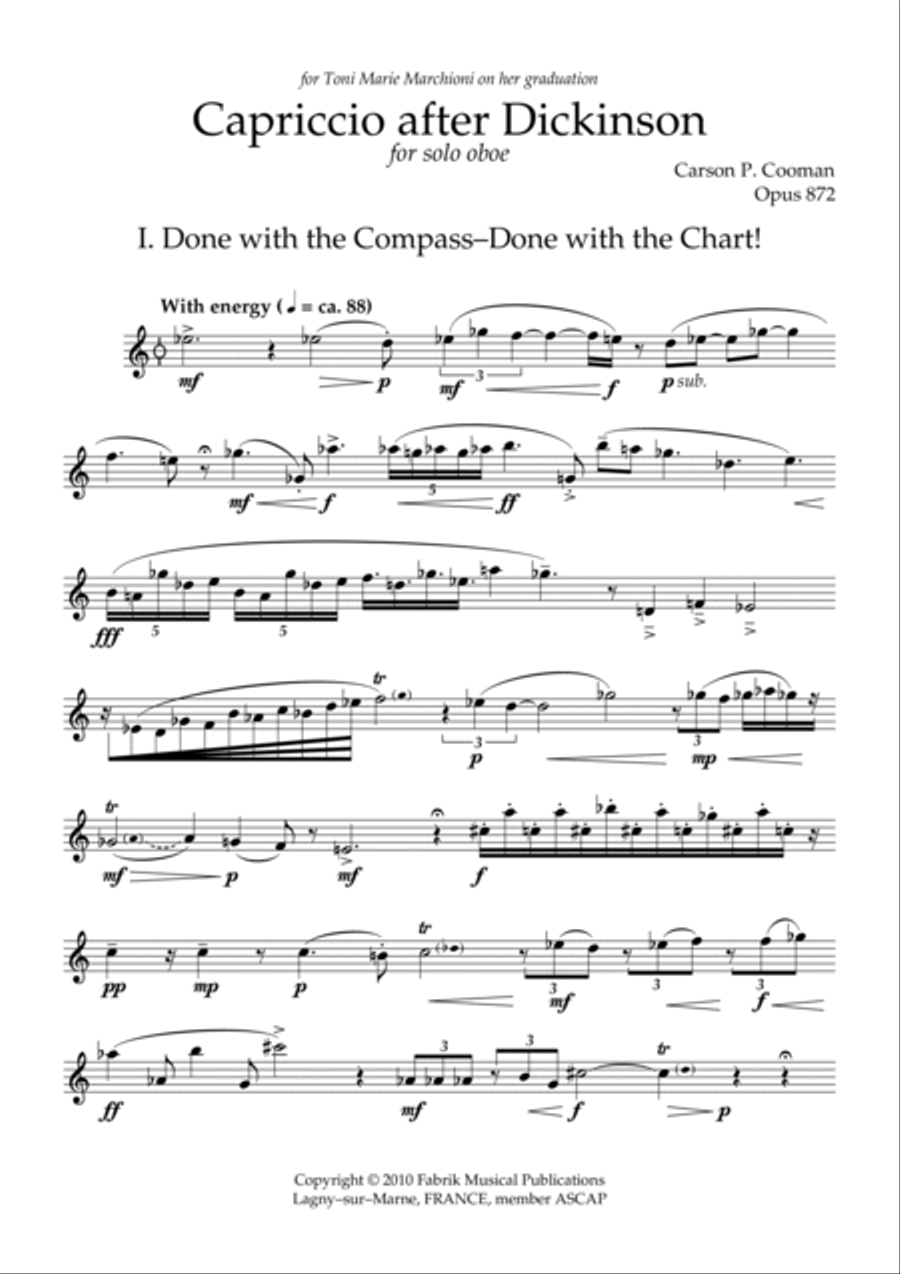 Carson Cooman : Capriccio after Dickinson (2010) for solo oboe Oboe Solo scores gallery preview page 3