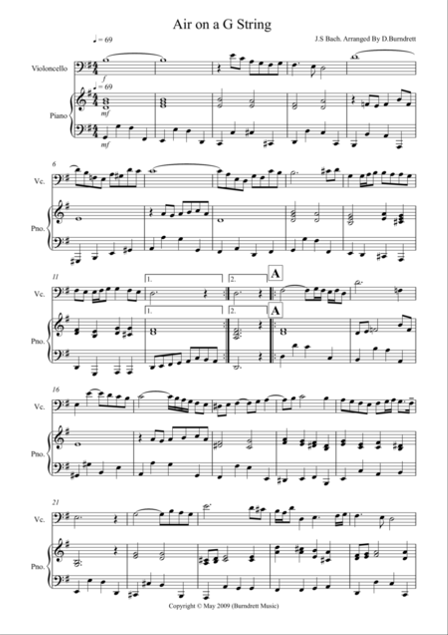 Air On A G String for Cello And Piano Piano scores gallery preview page 1