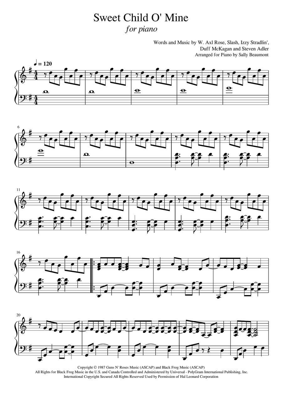 Sweet Child O' Mine Piano Solo scores gallery preview page 1