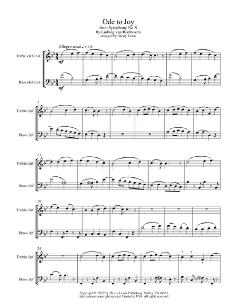 ODE TO JOY, Beethoven, Duo for String Duo, Woodwind Duo, any combination of a treble clef instrument Woodwind Duet scores gallery preview page 4