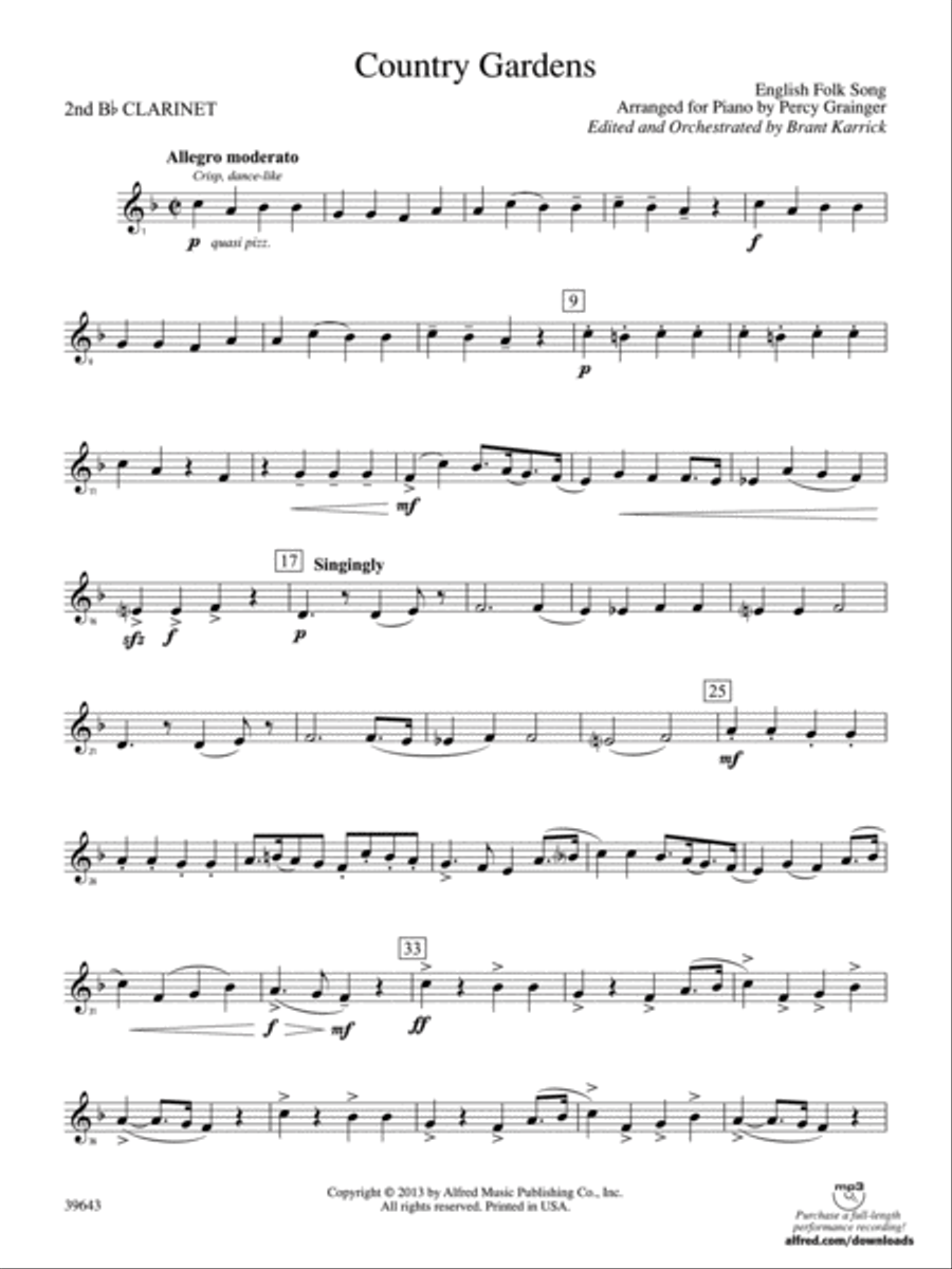 Country Gardens: 2nd B-flat Clarinet Concert Band scores gallery preview page 1