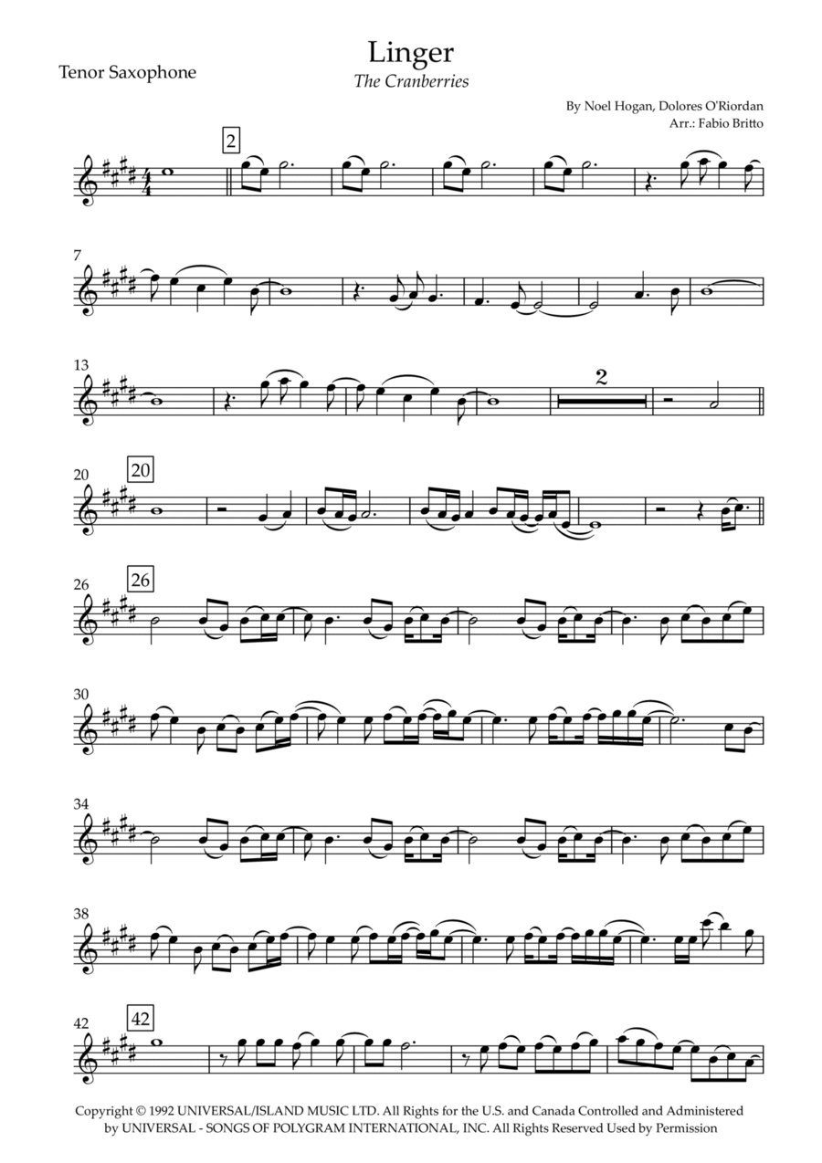 Linger Linger Tenor Saxophone scores gallery preview page 1