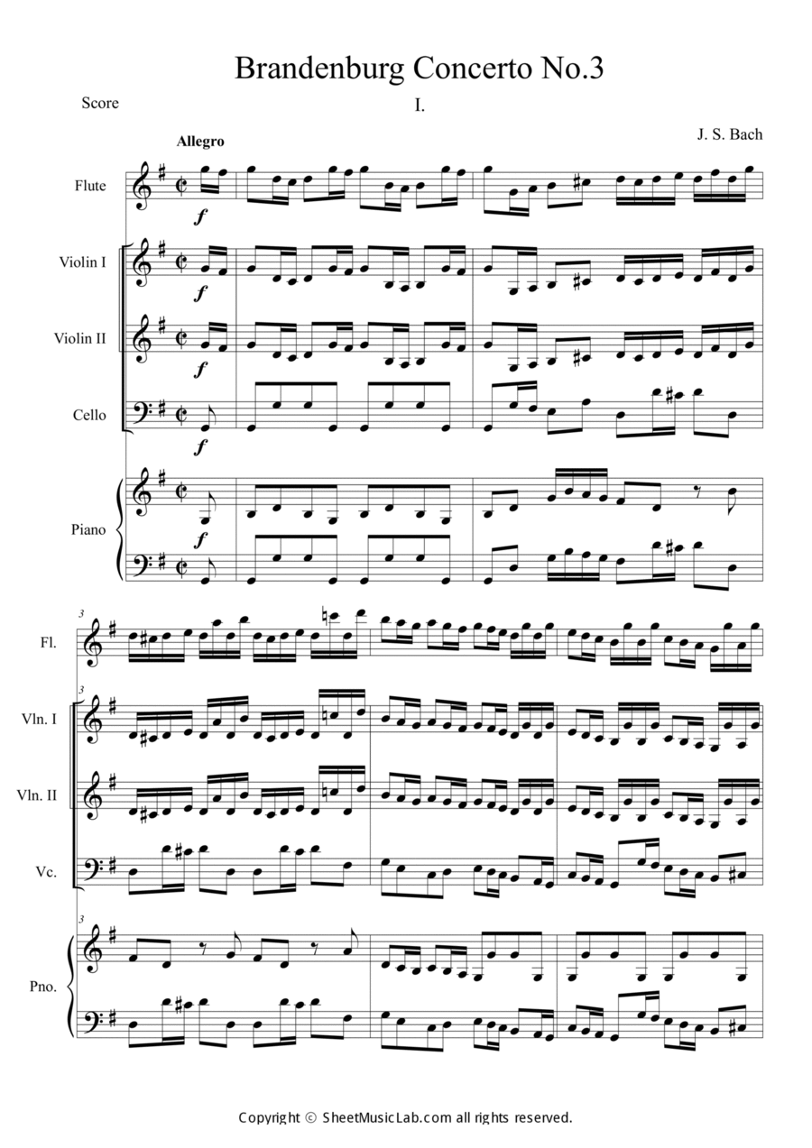 Brandenburg Concerto No. 3 in G Major (BWV 1048) Flute scores gallery preview page 1