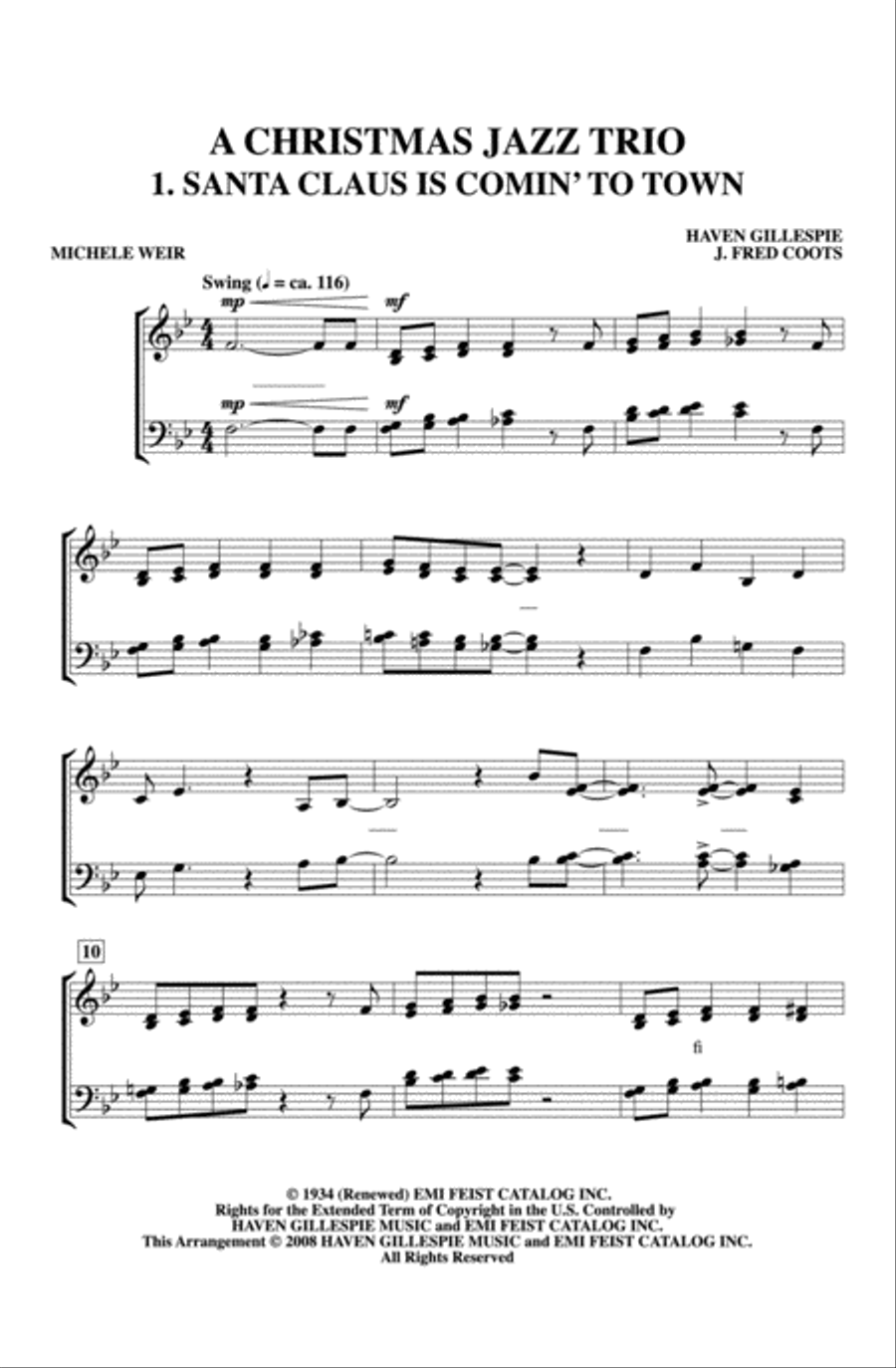 A Christmas Jazz Trio (1. Santa Claus Is Comin' to Town 2. O Christmas Tree 3. Winter Wonderland) 4-Part scores gallery preview page 2