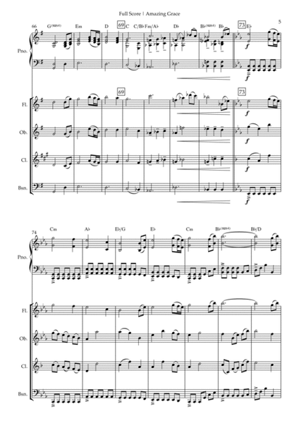 Amazing Grace (John Newton, E. O. Excell) for Woodwind Quartet and Piano Accompaniment with Chords image number null