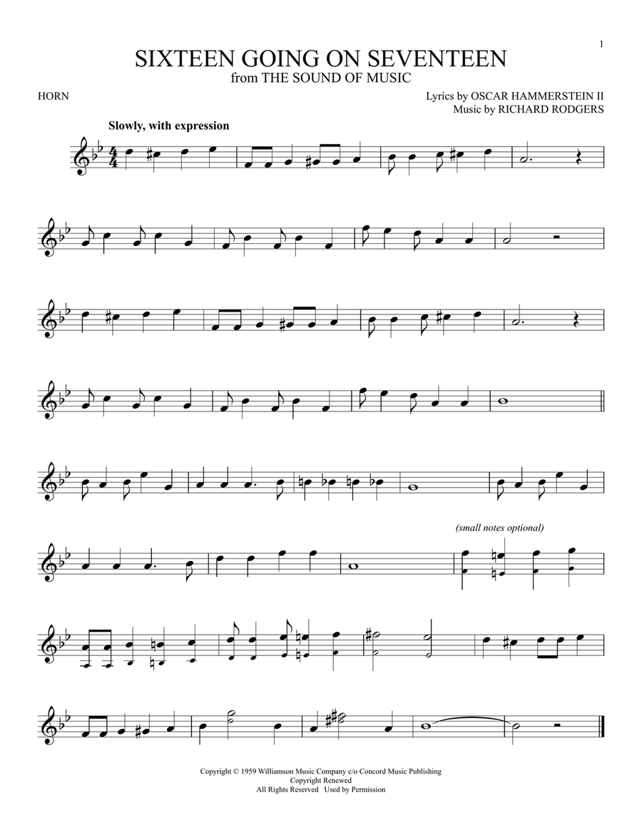 Sixteen Going On Seventeen (from The Sound of Music) Horn Solo scores gallery preview page 1