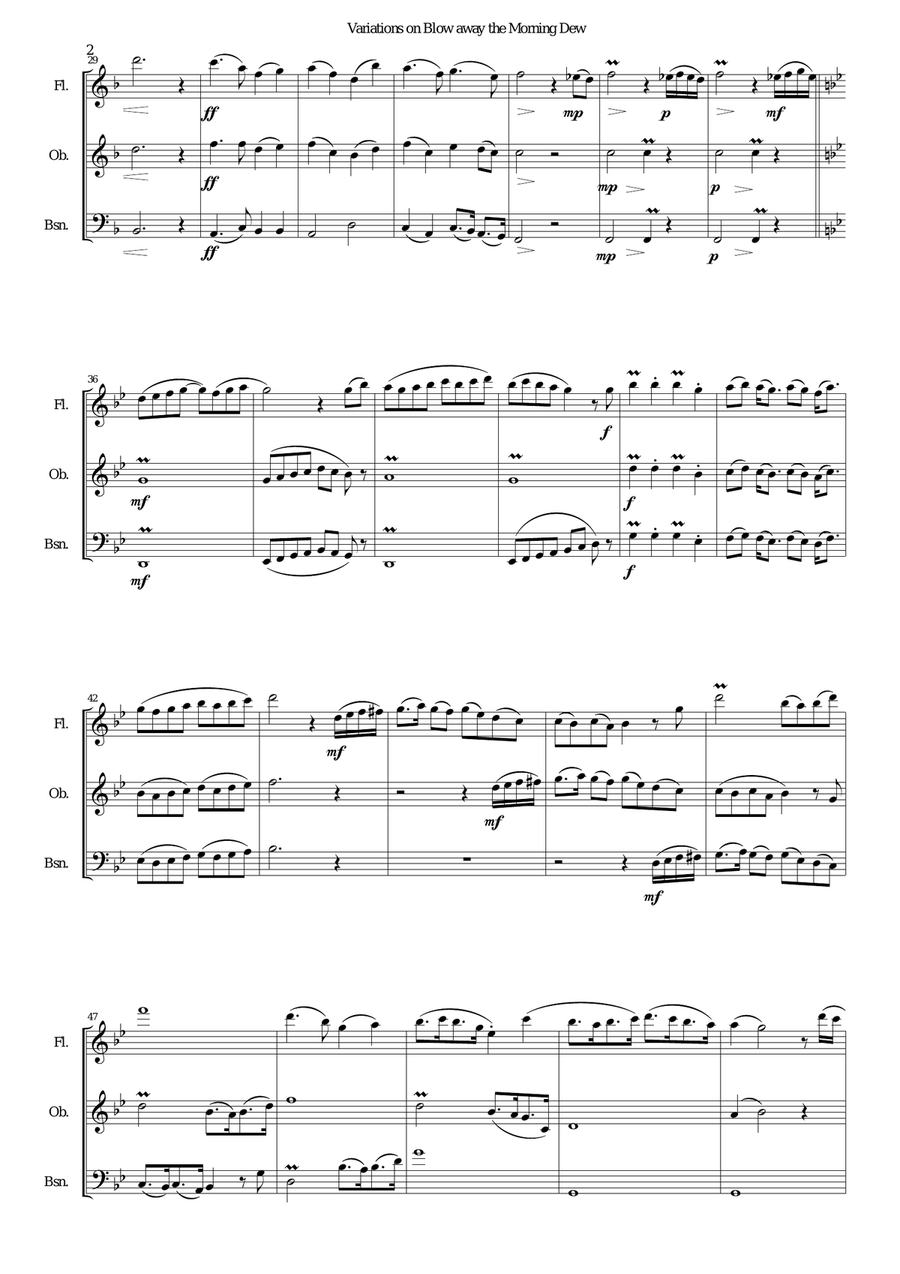 Variations on Blow away the morning dew for wind trio (flute, oboe, bassoon) Woodwind Trio scores gallery preview page 2