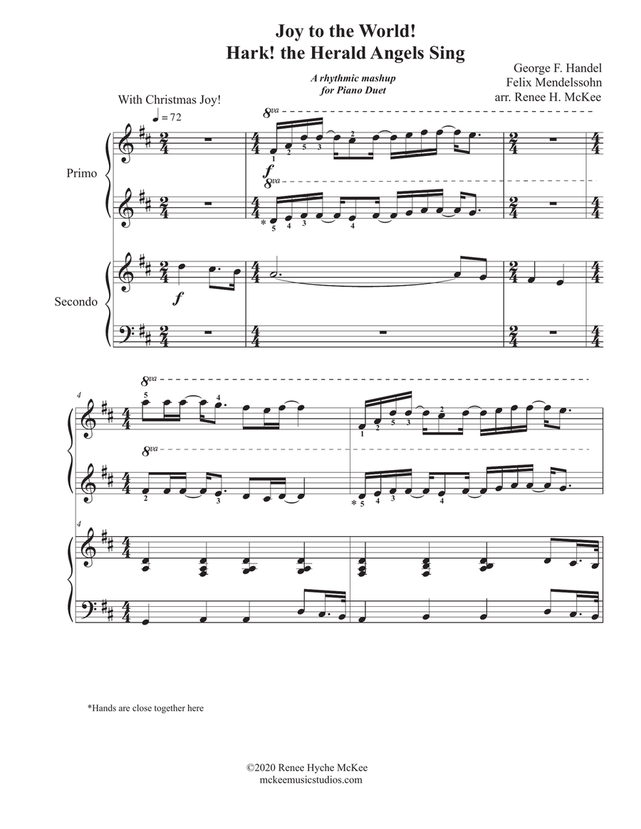Joy to the World! Hark! the Herald Angels Sing (A mashup for Piano Duet) Piano Duet scores gallery preview page 1