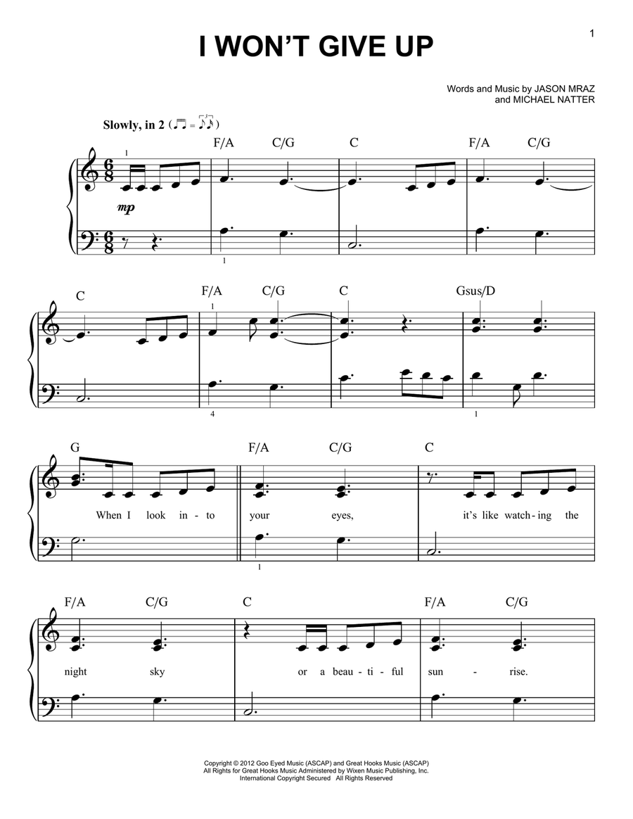 I Won't Give Up Easy Piano scores gallery preview page 1