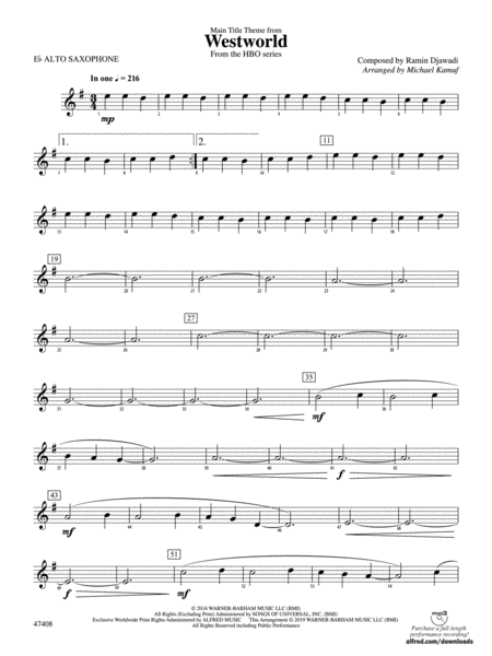 Main Title Theme from Westworld: E-flat Alto Saxophone