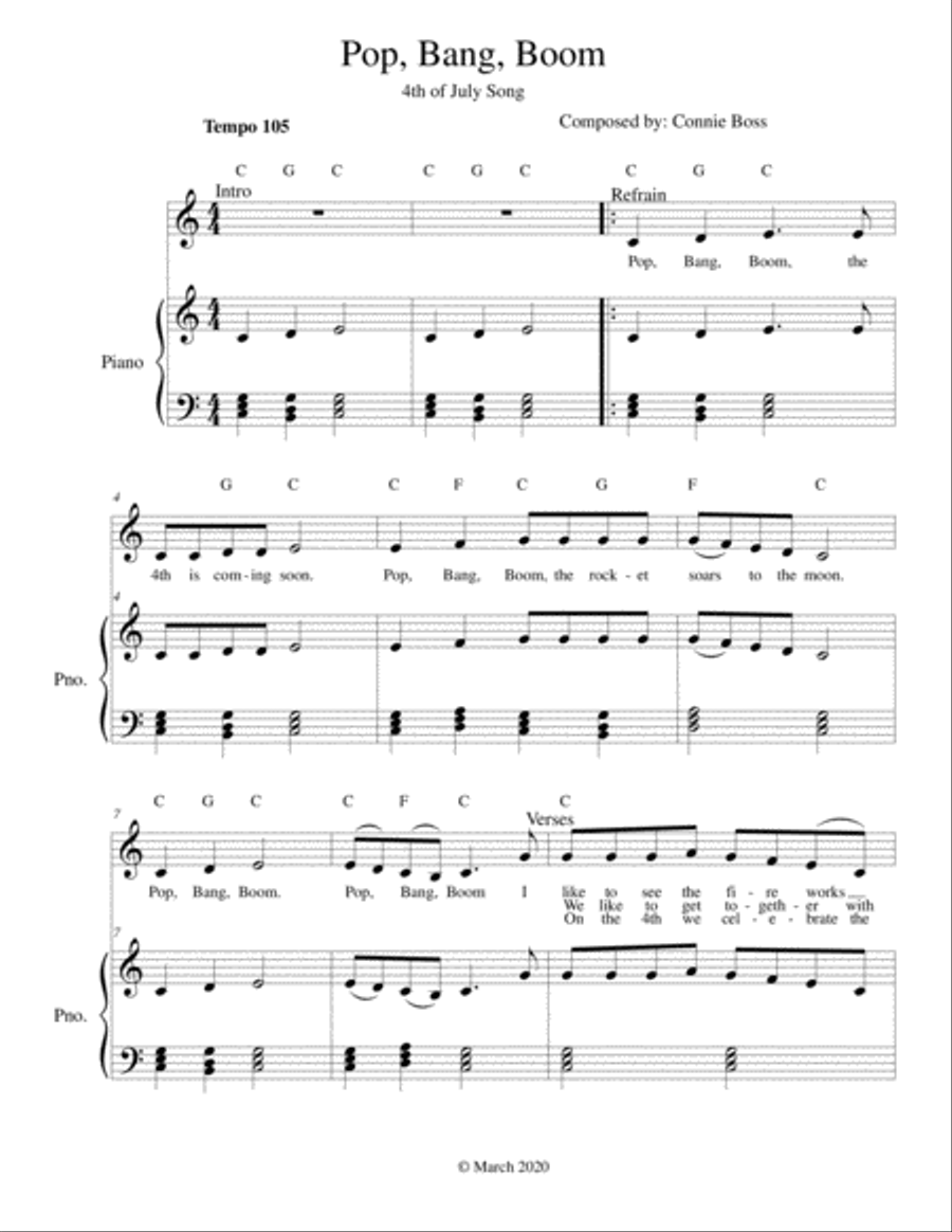 Pop, Bang, Boom - A 4th of July Song for kids - with piano Piano, Vocal, Guitar scores gallery preview page 1