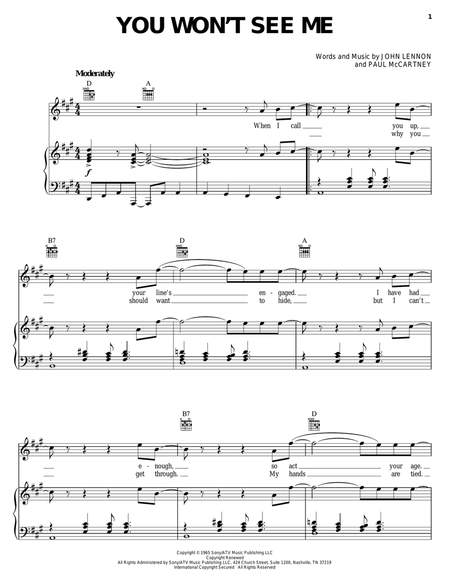 You Won't See Me Piano, Vocal, Guitar scores gallery preview page 1