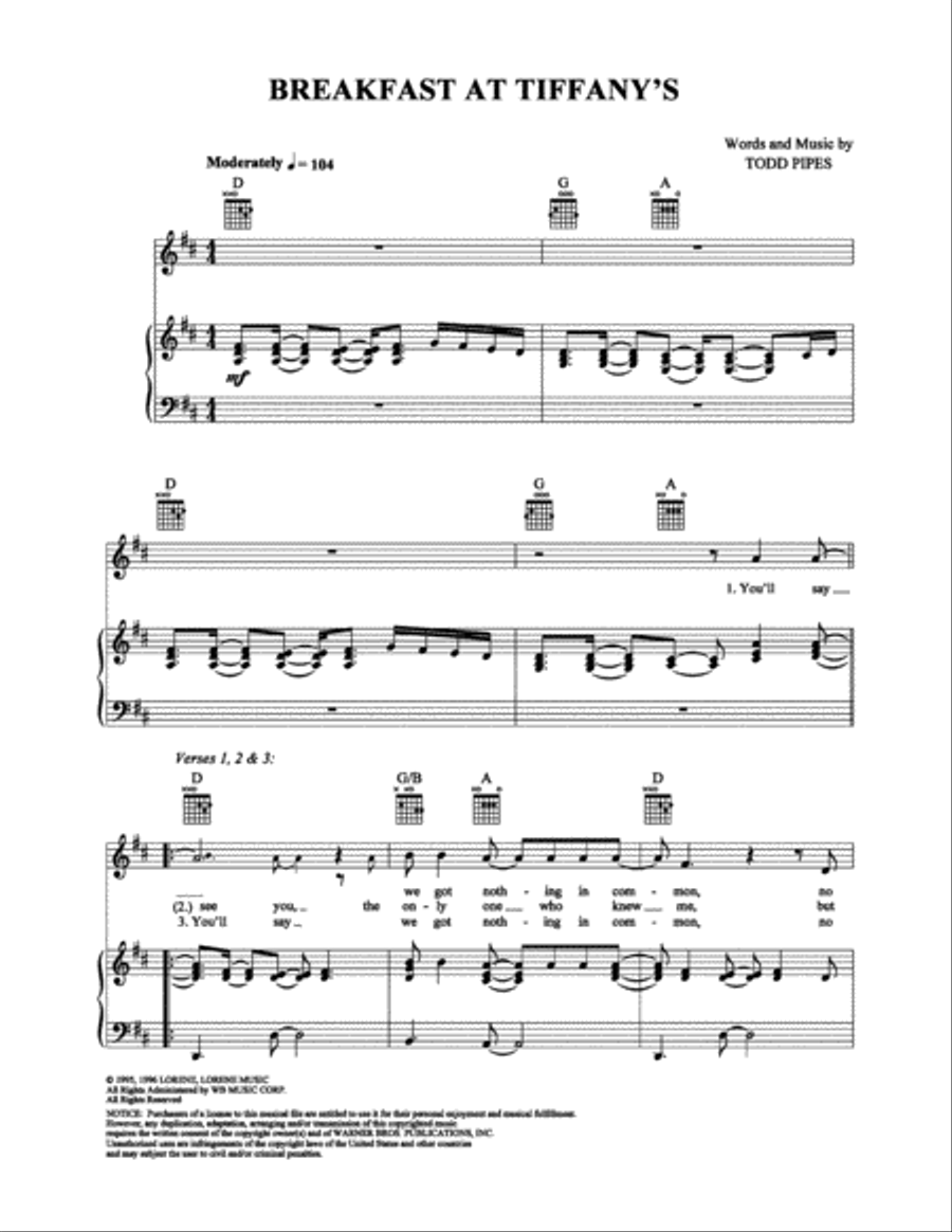 Breakfast at Tiffany's Piano, Vocal, Guitar scores gallery preview page 1