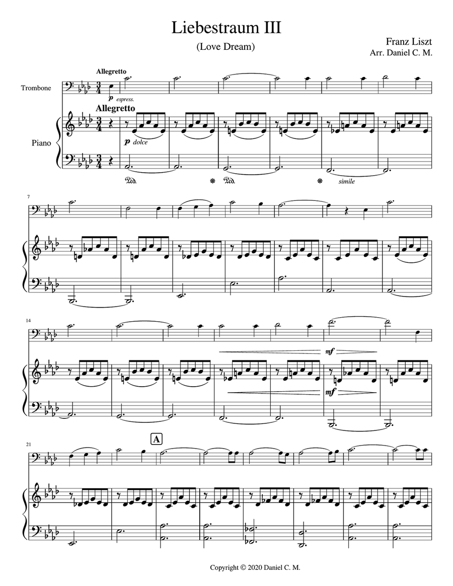 Liebestraum for trombone and piano (easy) Piano scores gallery preview page 1