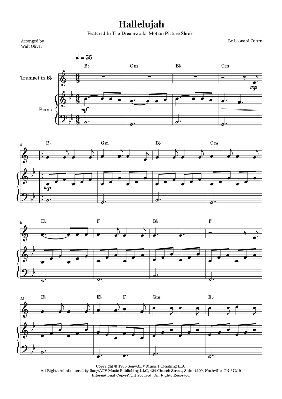 Hallelujah B-Flat Trumpet scores gallery preview page 1