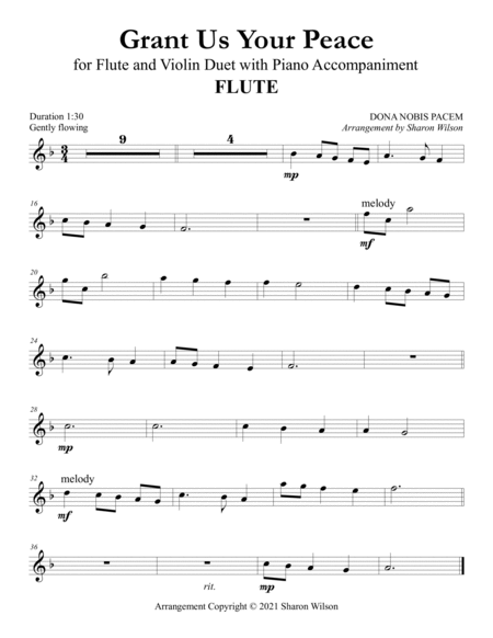 Grant Us Your Peace (for Flute and Violin Duet with Piano Accompaniment) by Sharon Wilson Flute - Digital Sheet Music