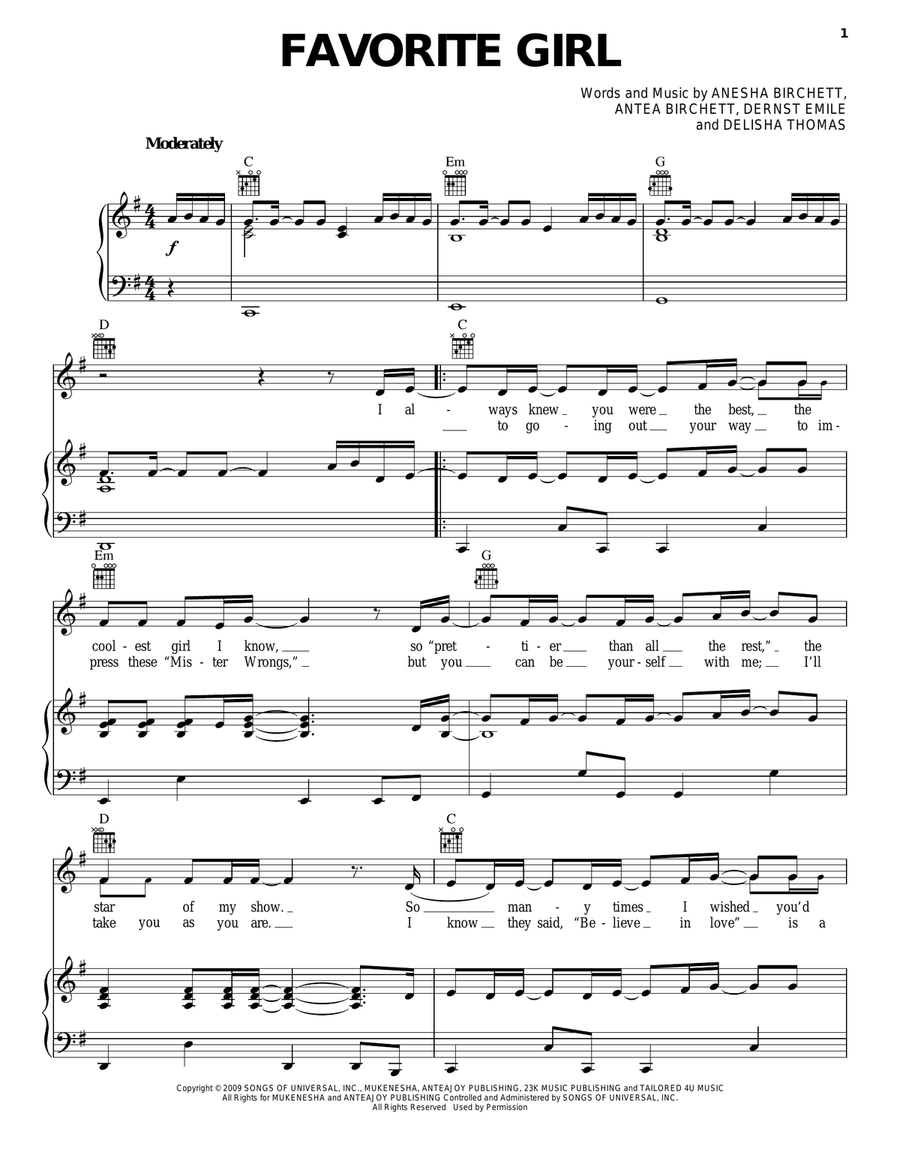 Favorite Girl Favorite Girl Piano, Vocal, Guitar scores gallery preview page 1