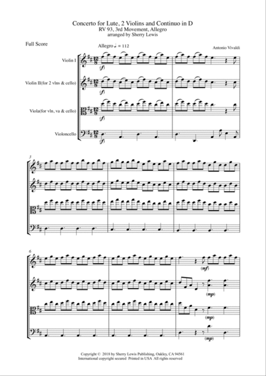 CONCERTO FOR LUTE, 2 VIOLINS AND CONTINUO IN D, RV 93, 3RD MOV, ALLEGRO FOR STRING TRIO String Trio scores gallery preview page 4