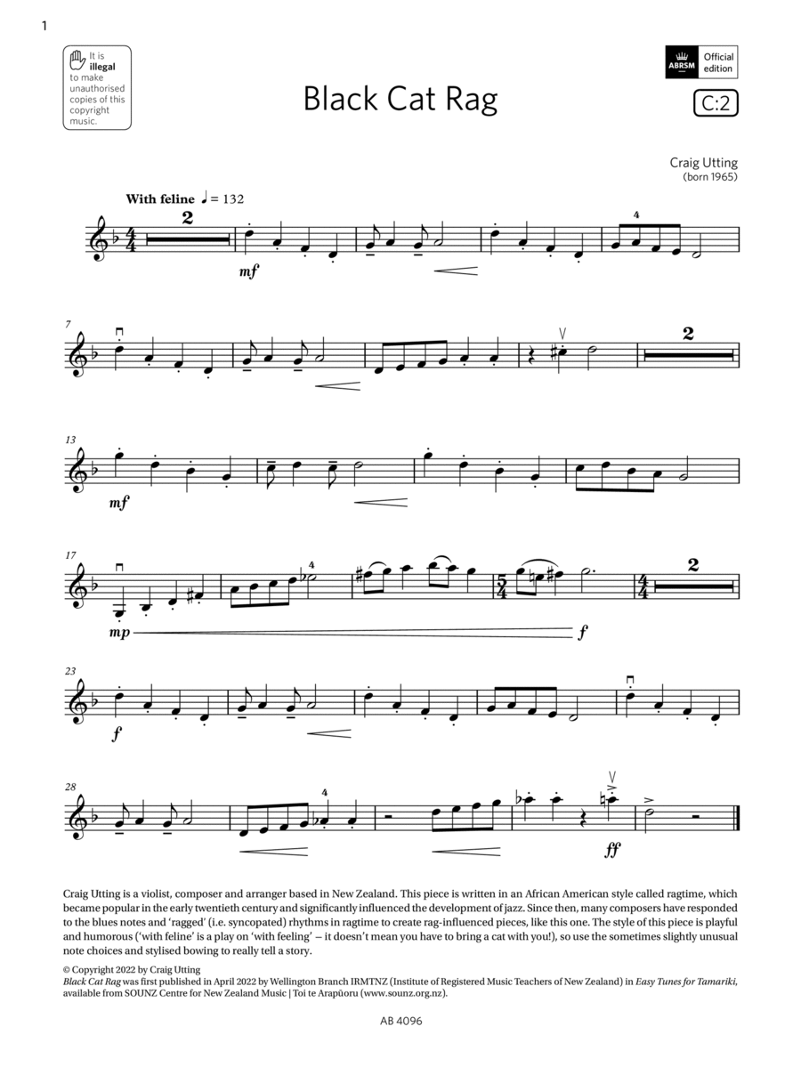 Black Cat Rag (Grade 2, C2, from the ABRSM Violin Syllabus from 2024) Violin Solo scores gallery preview page 1