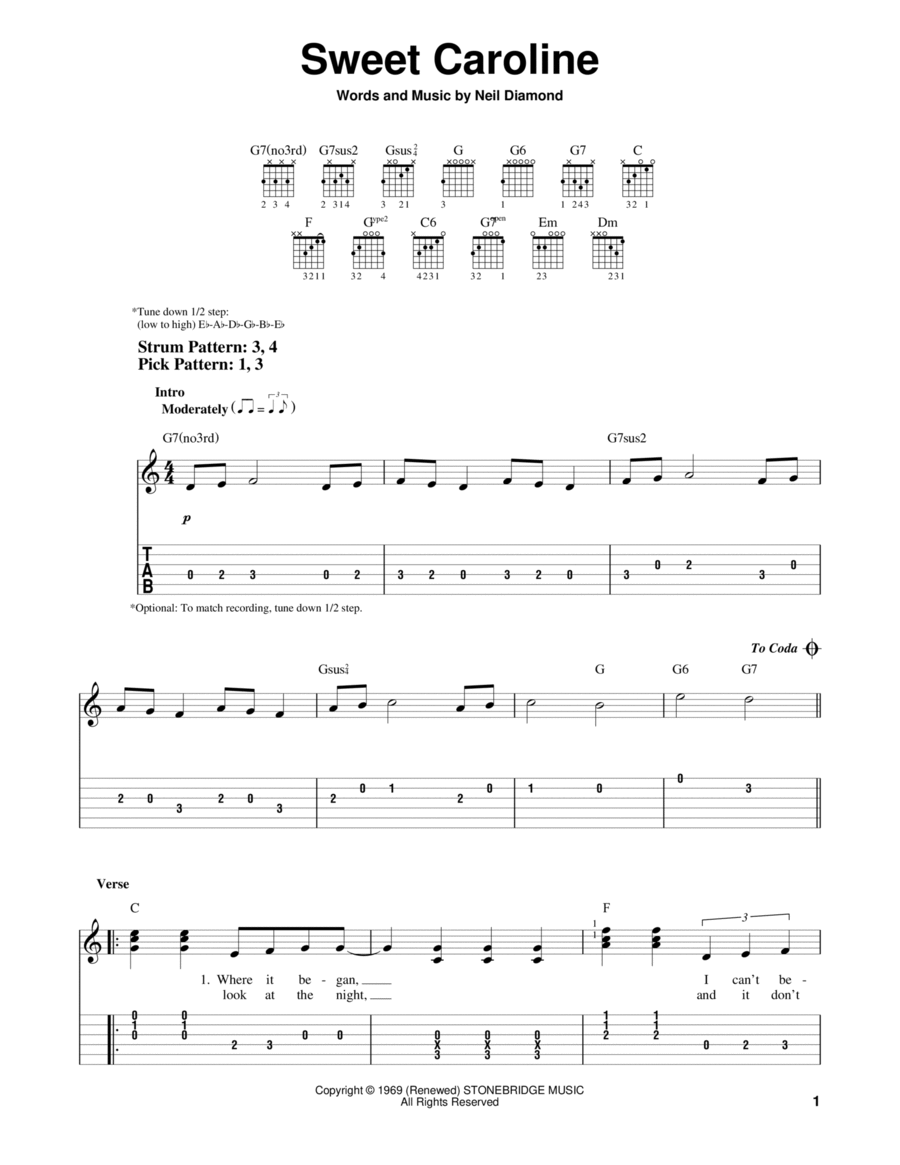 Sweet Caroline Acoustic Guitar scores gallery preview page 1