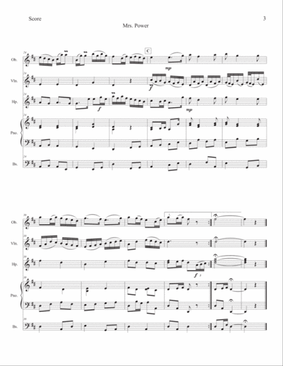 Mrs. Power (O'Carolan's Concerto) for Oboe, Violin, Harp, Piano & Bass Small Ensemble scores gallery preview page 3