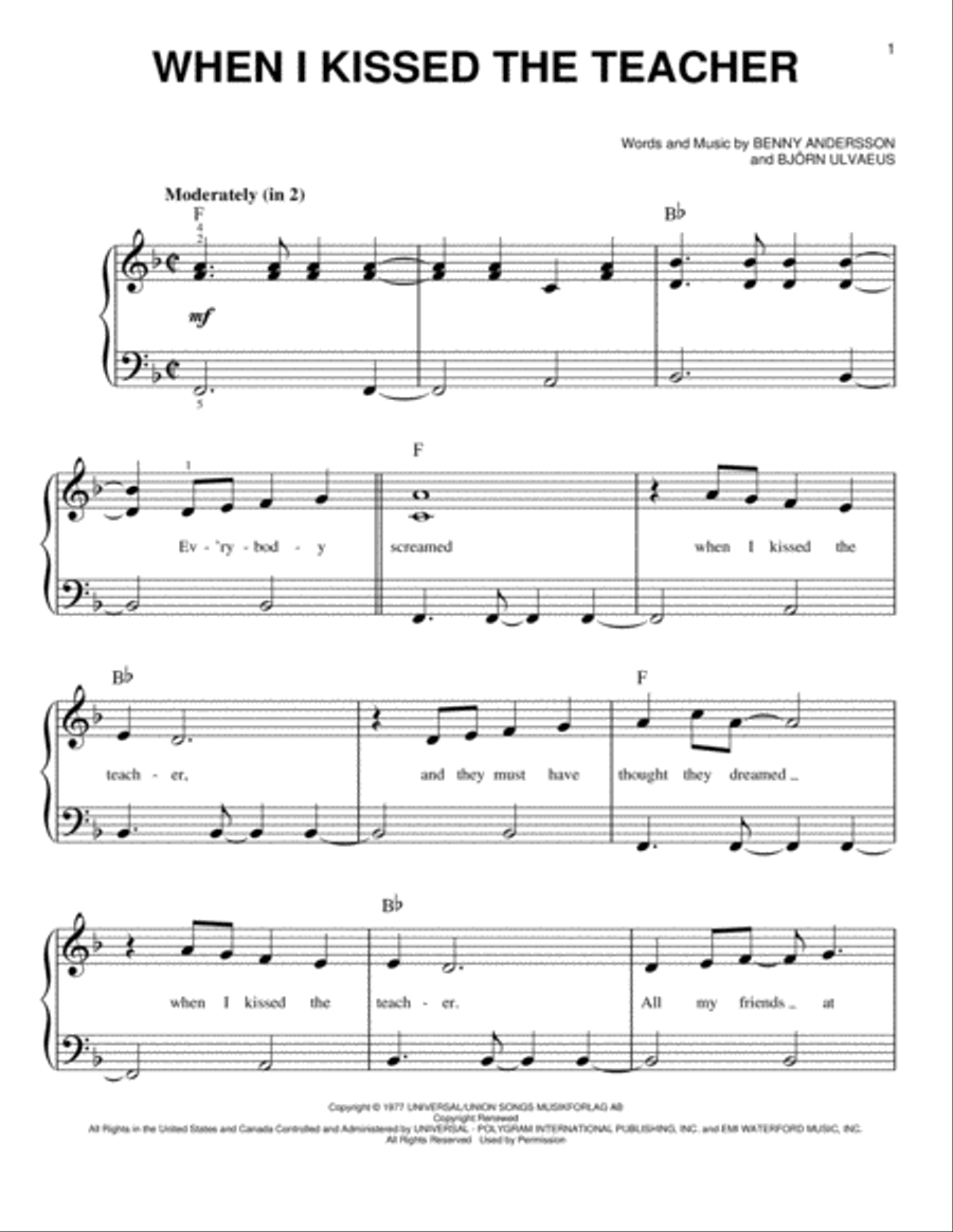 When I Kissed The Teacher (from Mamma Mia! Here We Go Again) Easy Piano scores gallery preview page 1