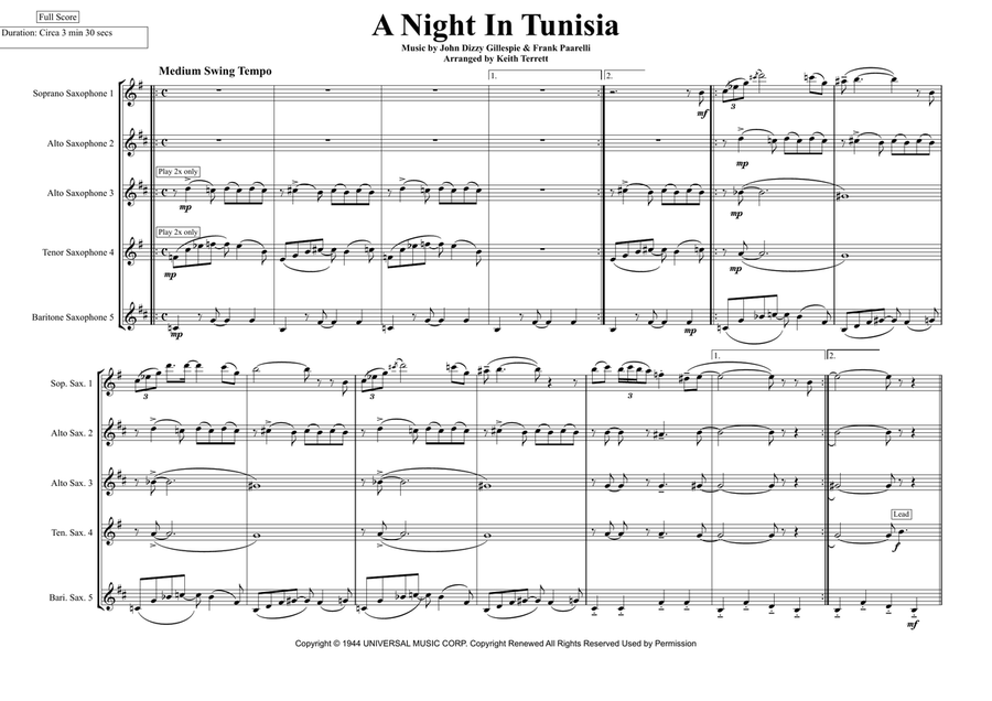 A Night In Tunisia Saxophone Quintet scores gallery preview page 2