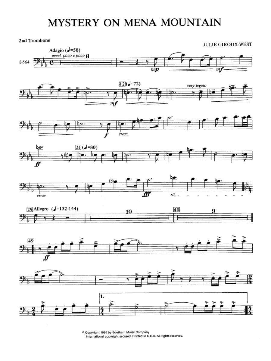 Mystery on Mena Mountain - Trombone 2 Concert Band scores gallery preview page 1