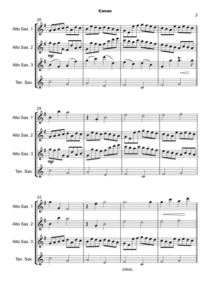 Pachelbel's Canon in D, for Saxophone Quartet, three Altos and one Tenor or Baritone