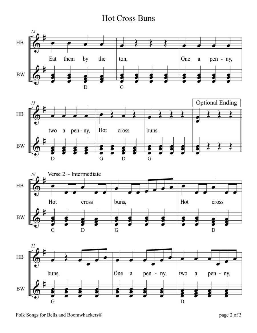 Hot Cross Buns (for 13-note Bells and Boomwhackers with Black and White Notes) Handbell Choir scores gallery preview page 6
