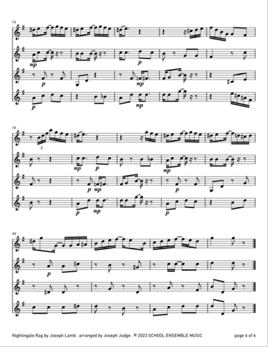 Nightingale Rag by Joseph Lamb for Clarinet Quartet in Schools Clarinet Quartet scores gallery preview page 6