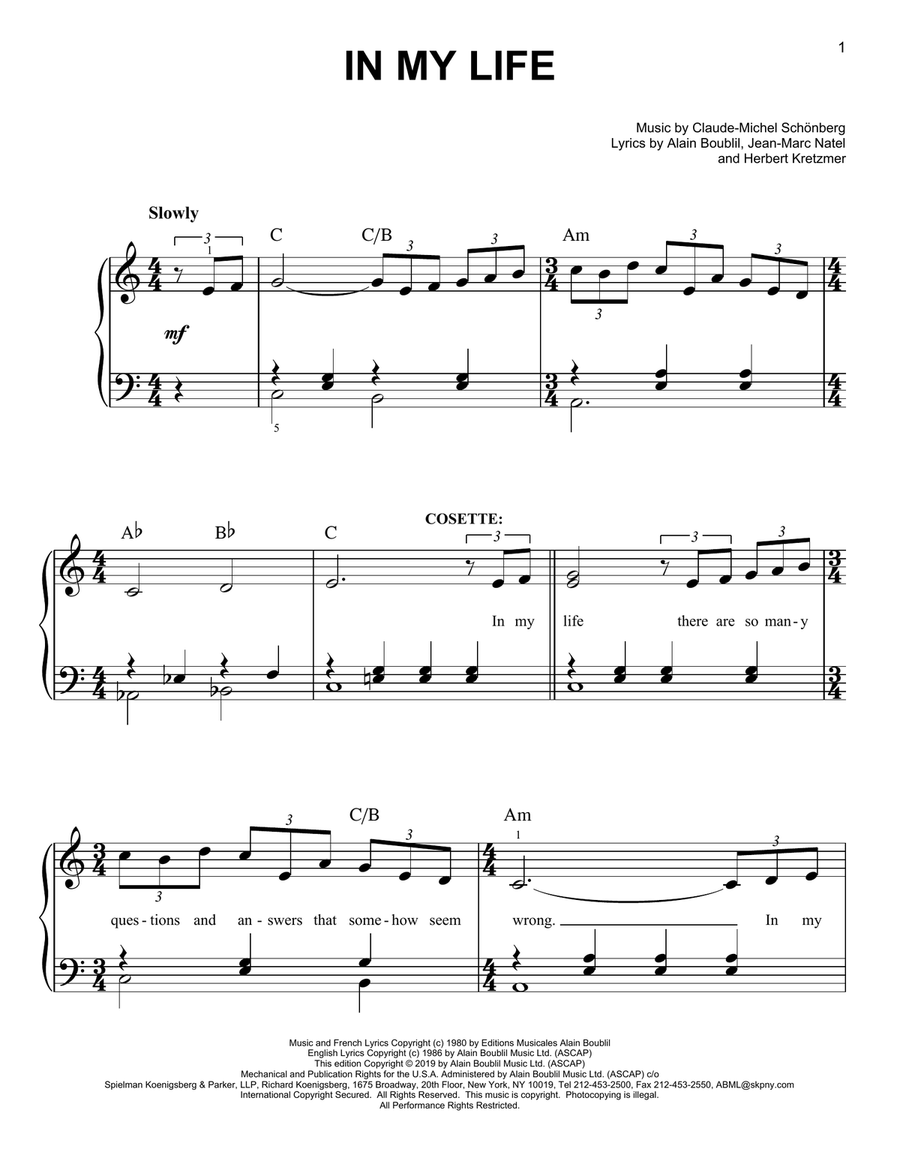 In My Life (from Les Miserables) Easy Piano scores gallery preview page 1