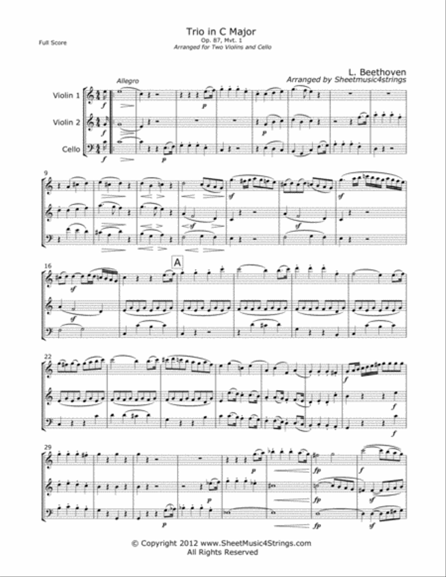 Beethoven, L. - Trio Op. 87 (Mvt. 1) for Two Violins and Cello String Trio scores gallery preview page 1