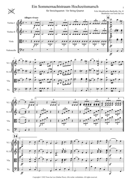 A Midsummer Night's Dream Wedding March for String Quartet, Op. 61 - Score Only image number null