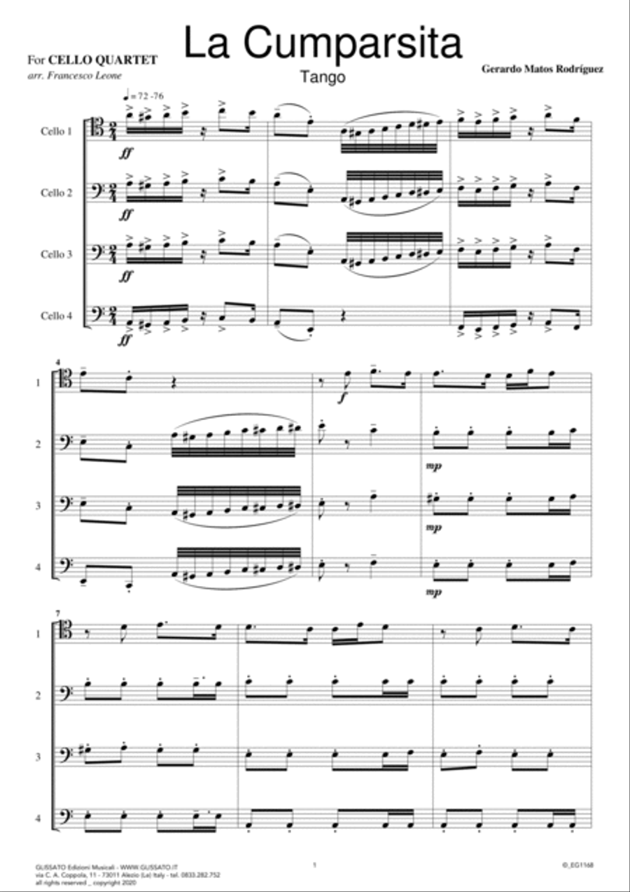 La Cumparsita (tango) - intermediate Cello Quartet (score and parts) String Quartet scores gallery preview page 3