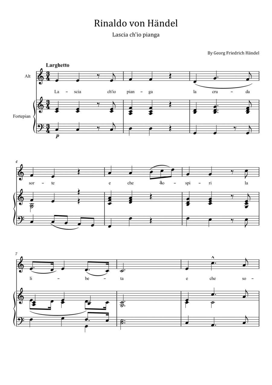 Lascia ch'io pianga - Rinaldo von Händel - For Piano and Voice With Lyrics Voice scores gallery preview page 1