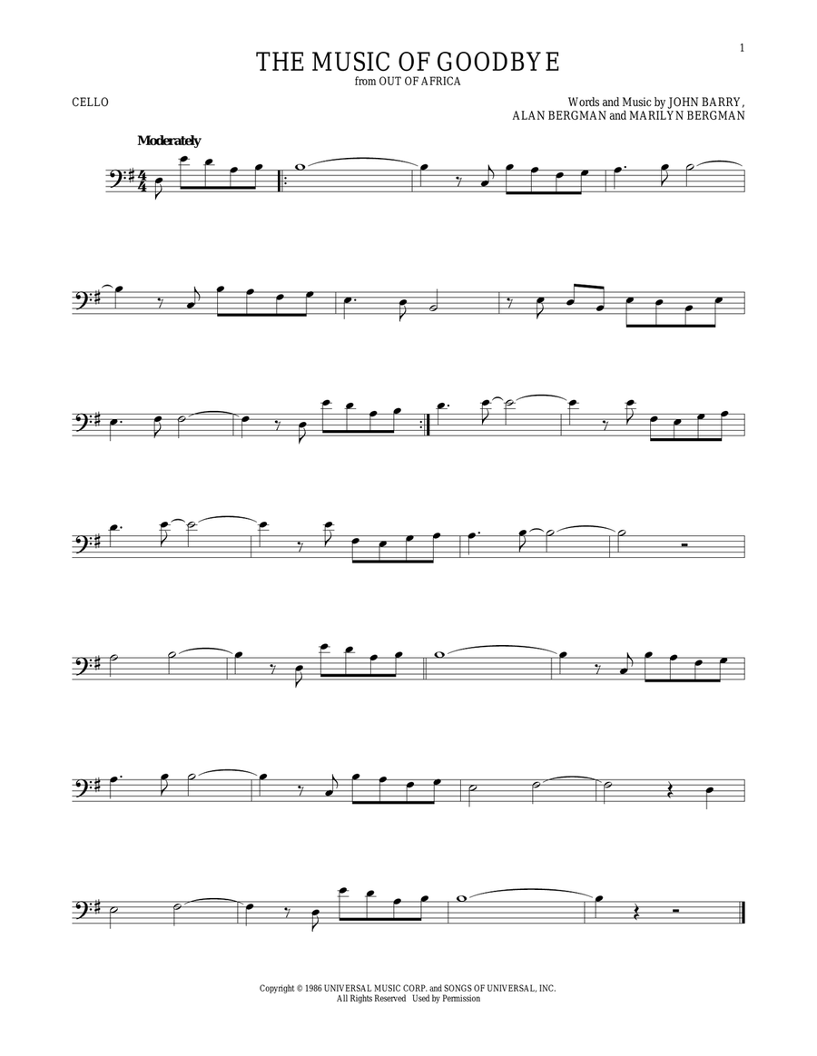The Music Of Goodbye Cello Solo scores gallery preview page 1