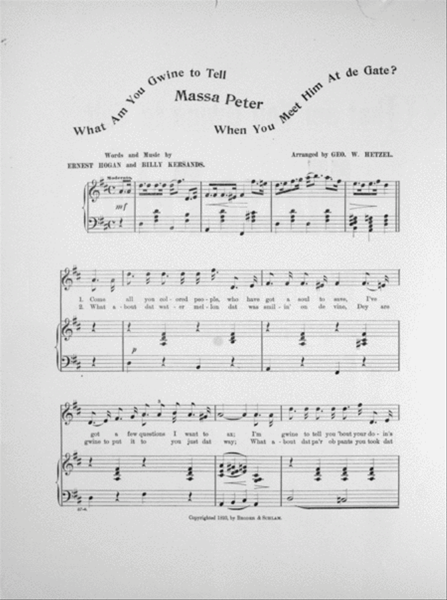 What am You Gwine to Tell Massa Peter When You Meet Him at de Gate? Song and Chorus Choir scores gallery preview page 2