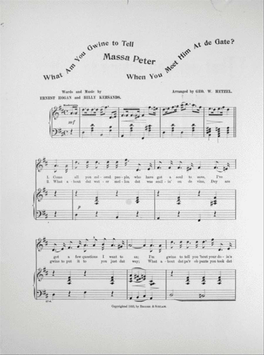 What am You Gwine to Tell Massa Peter When You Meet Him at de Gate? Song and Chorus