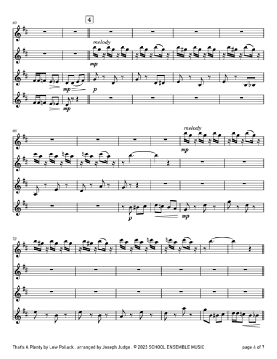 That's A Plenty by Lew Pollack for Clarinet Quartet in Schools Clarinet Quartet scores gallery preview page 4